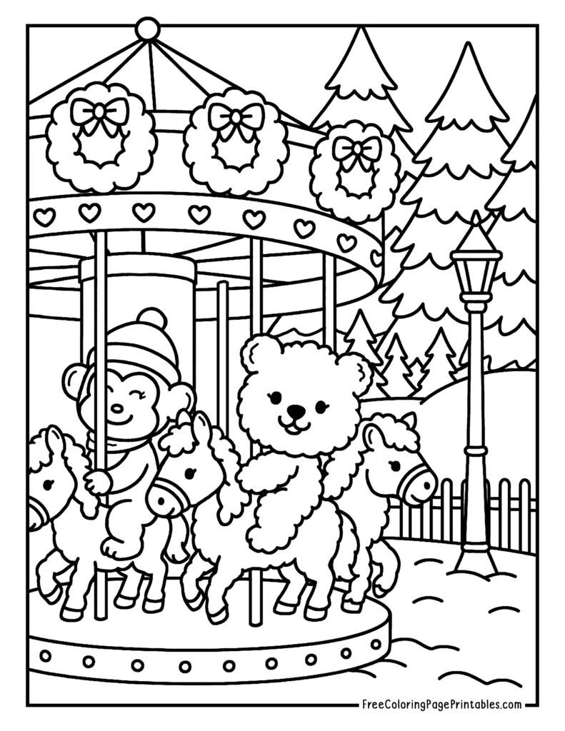 Carousel Ride Cute Animals Christmas Coloring Sheet
