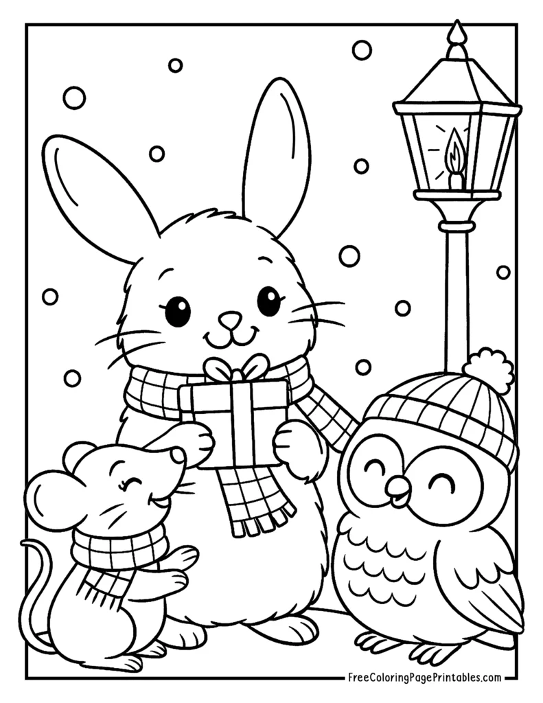 Cute Animals with Christmas Presents Coloring Sheet