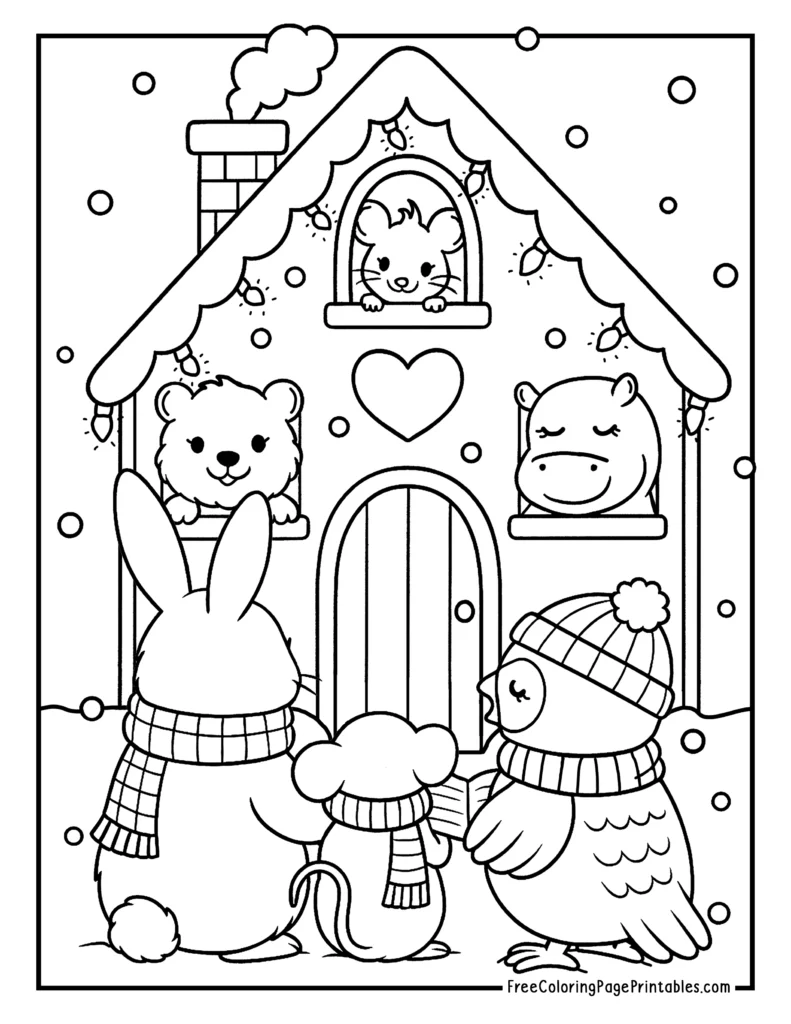 Cute Christmas Animals Caroling Coloring Page